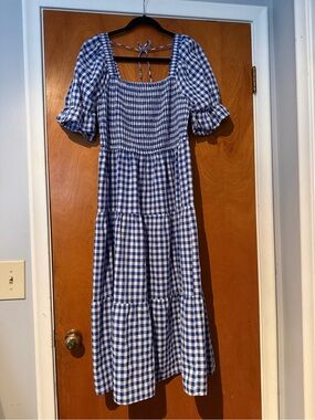 Blue Gingham Midi Dress - Smocked Bodice